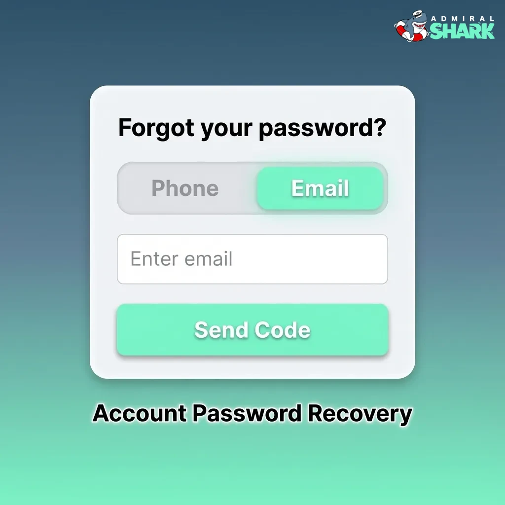 Illustrated step-by-step account password recovery guide with login page, email, reset link, and secure new password creation