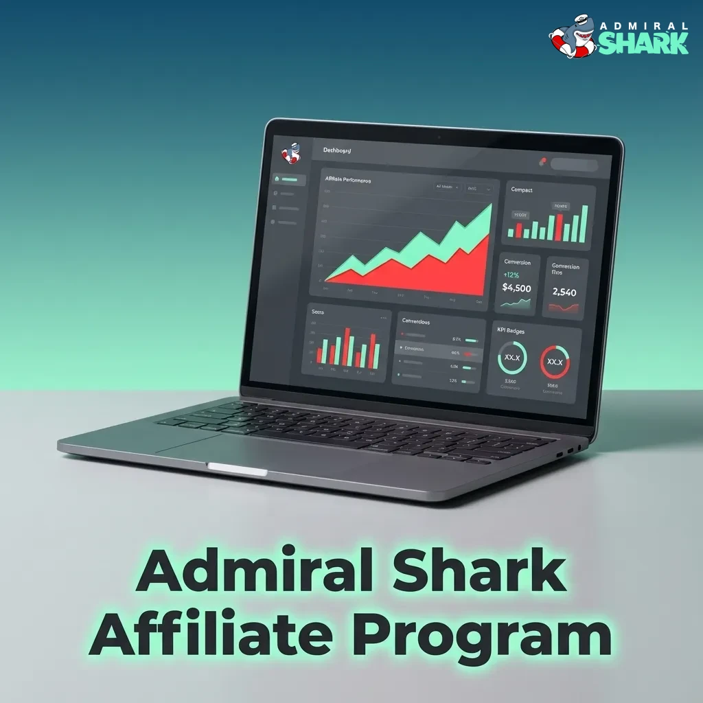 Admiral Shark Affiliate Program banner with referral links, commission details, and marketing tools displayed