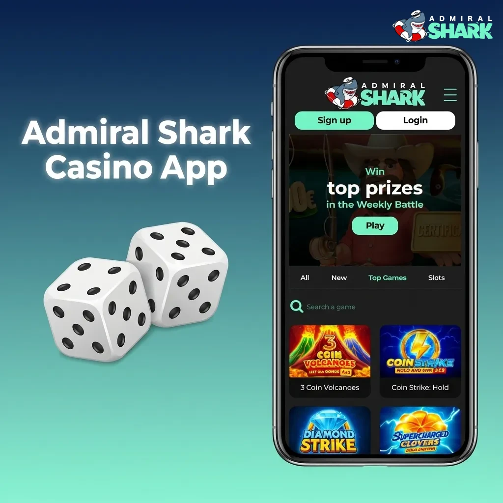 Smartphone screen showing Admiral Shark casino app lobby with slots, live dealer tables, and highlighted roulette and blackjack games
