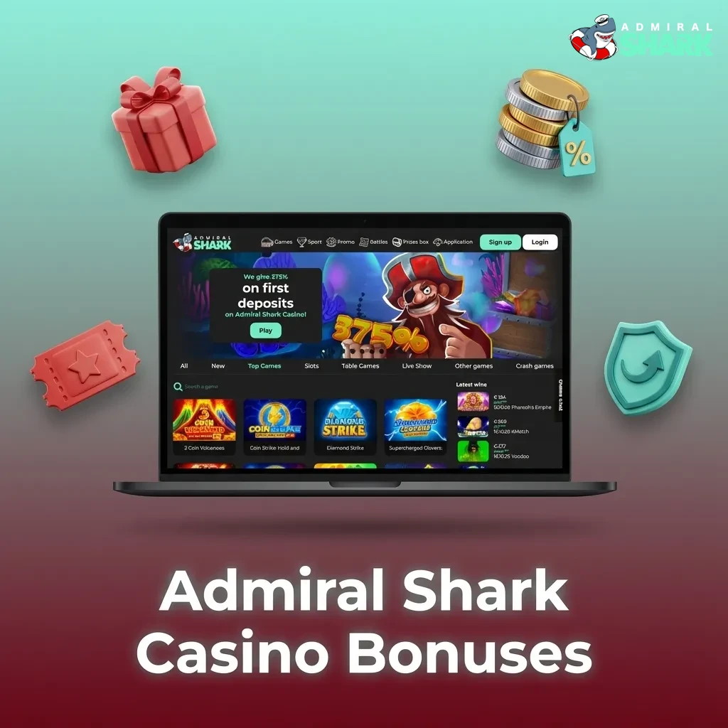 Admiral Shark Casino bonuses overview with icons for deposit match, reloads, free spins, cashback, and tournaments