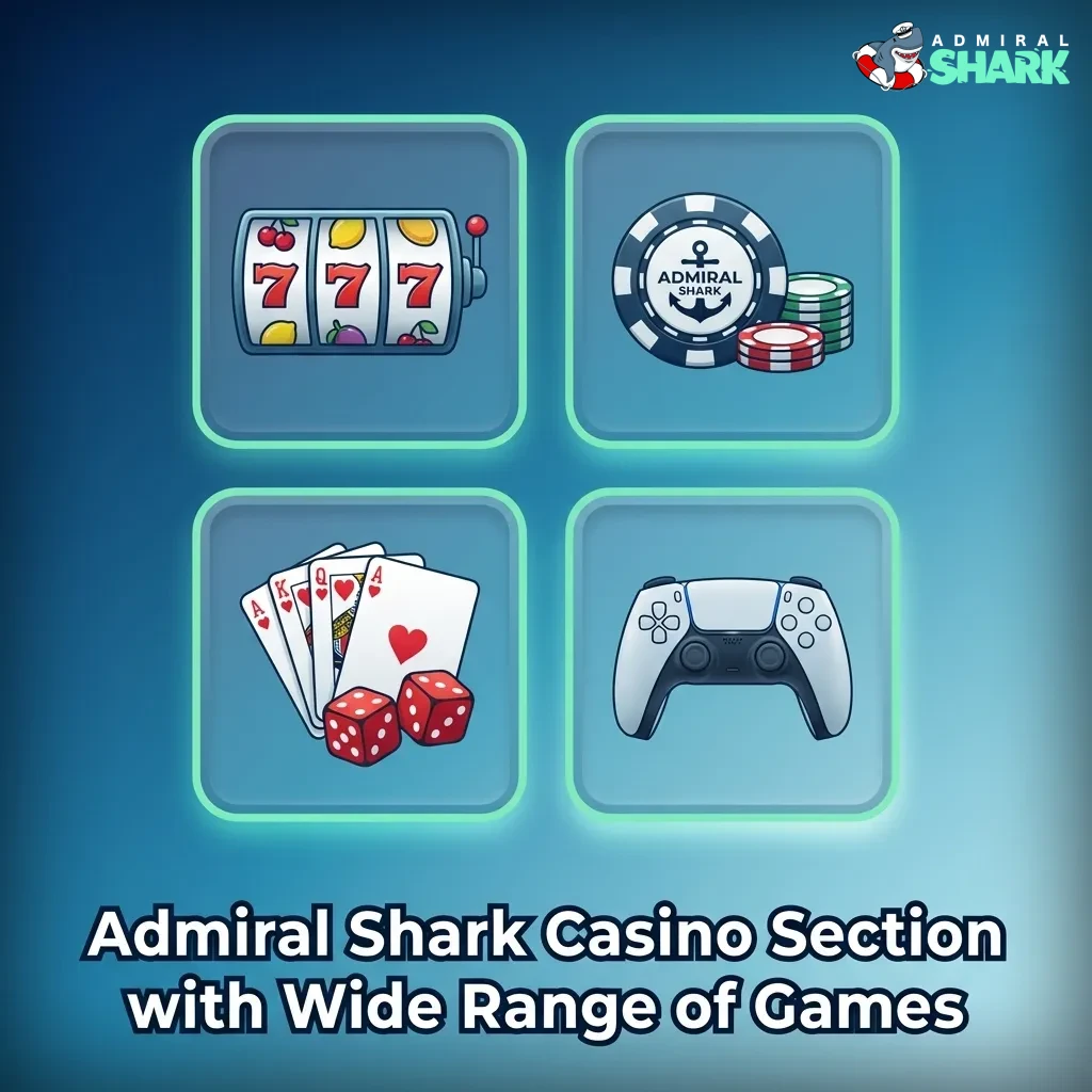 Admiral Shark casino lobby with slots, crash, instant, card, roulette, blackjack and video poker game tiles visible