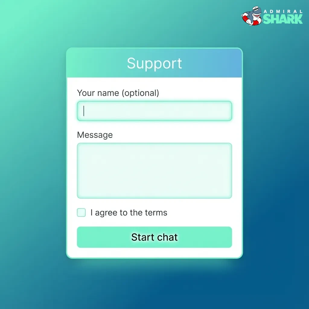 Support page showing 24/7 live chat, email, form, and FAQ options for UK players on Admiral Shark betting site