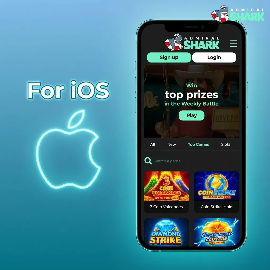 iPhone showing Admiral Shark casino in Safari with steps to install the iOS app or add a home screen shortcut