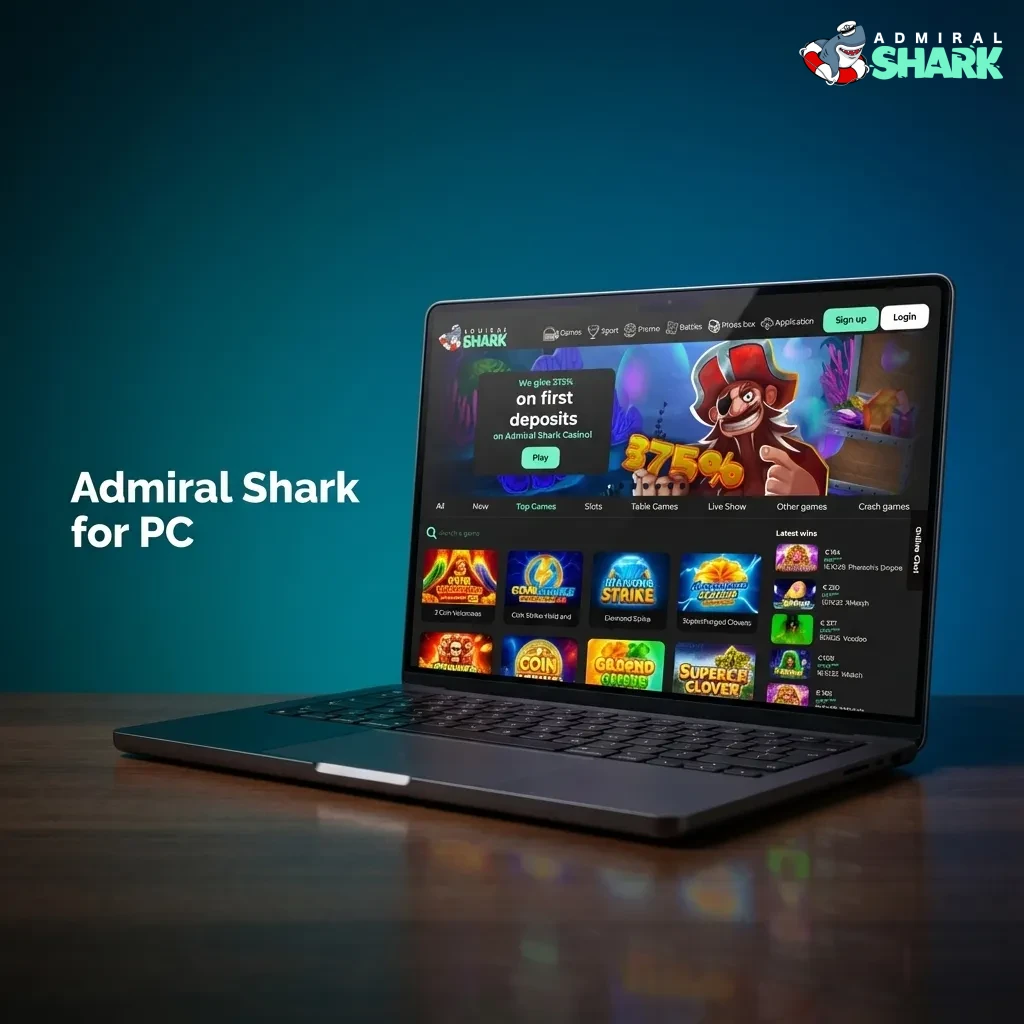 Admiral Shark online casino homepage displayed on a desktop monitor with Windows and macOS icons nearby