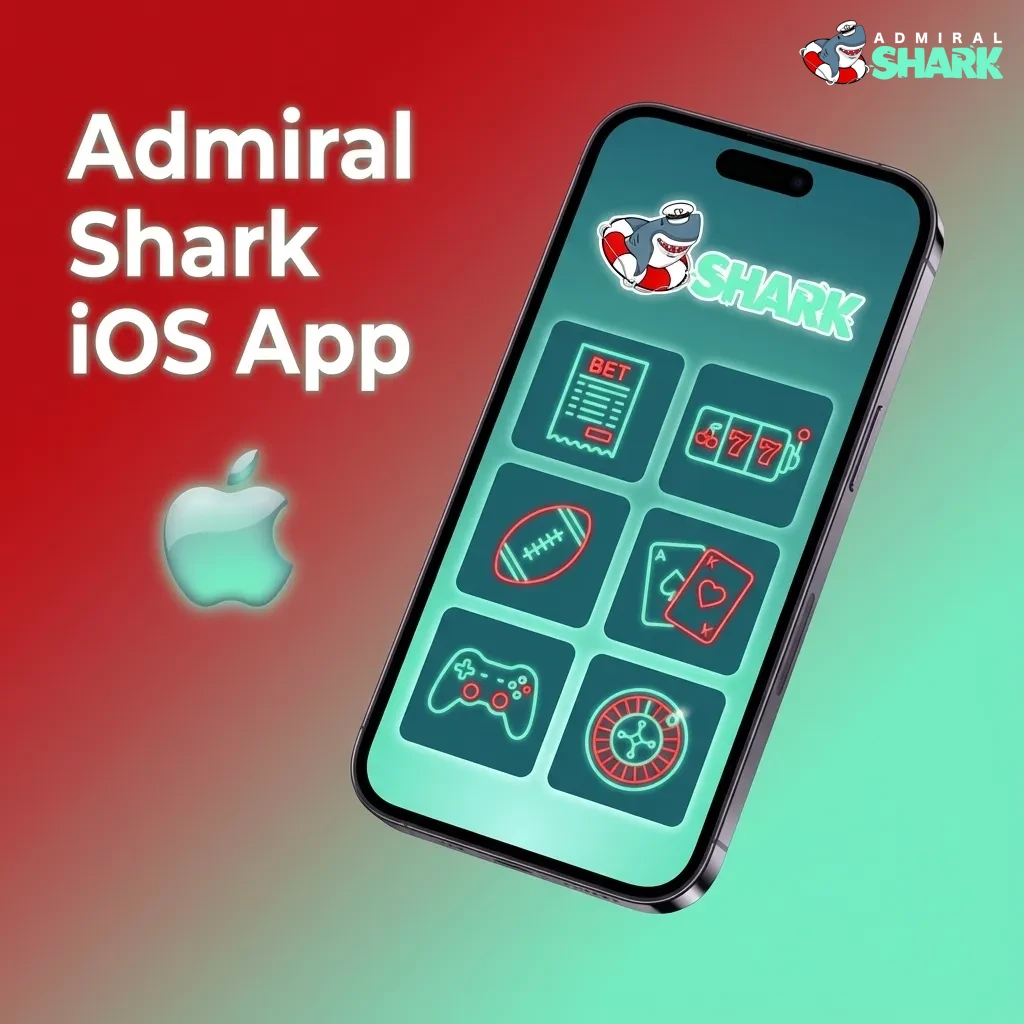 Admiral Shark iOS app on iPhone and iPad showing sports betting, live casino, payments, and bonuses in a compact interface
