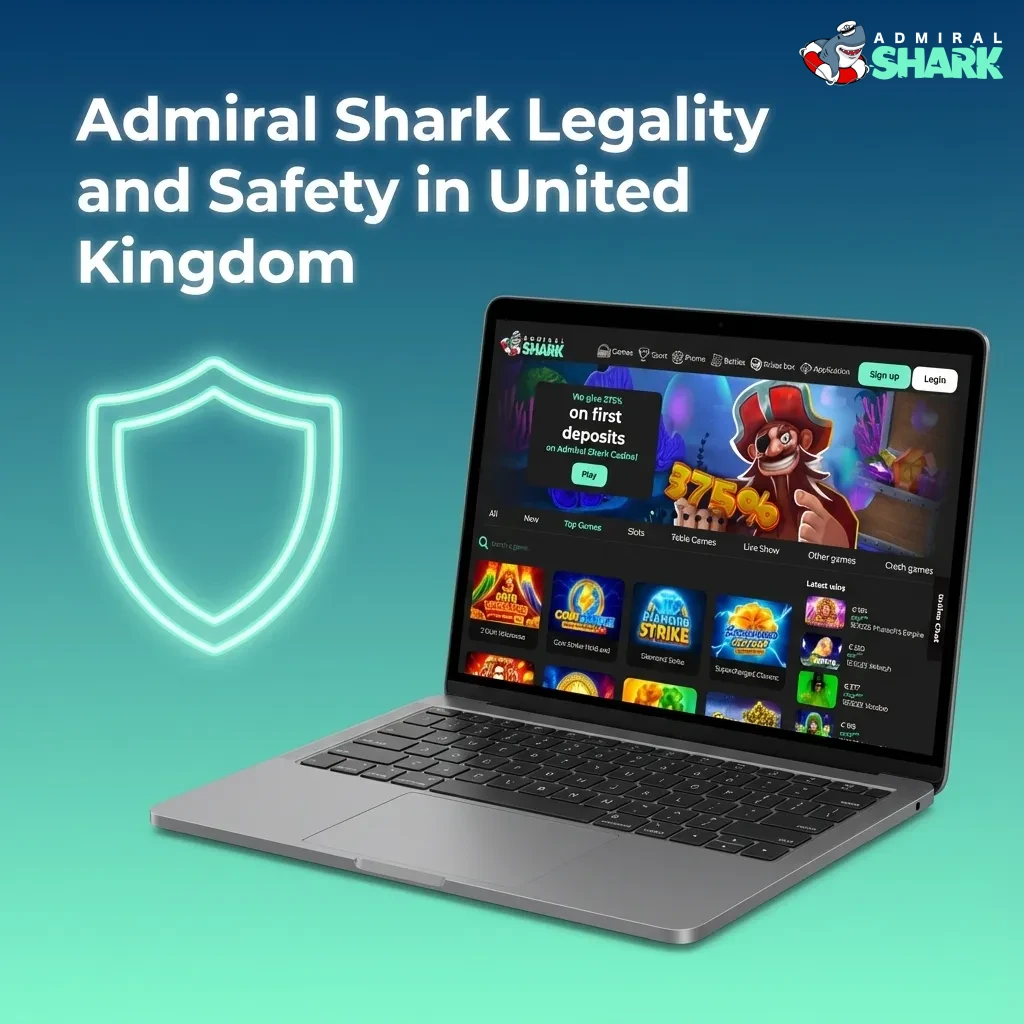 Infographic on Admiral Shark casino legality in the UK, highlighting licensing, encryption, age checks and responsible gaming tools