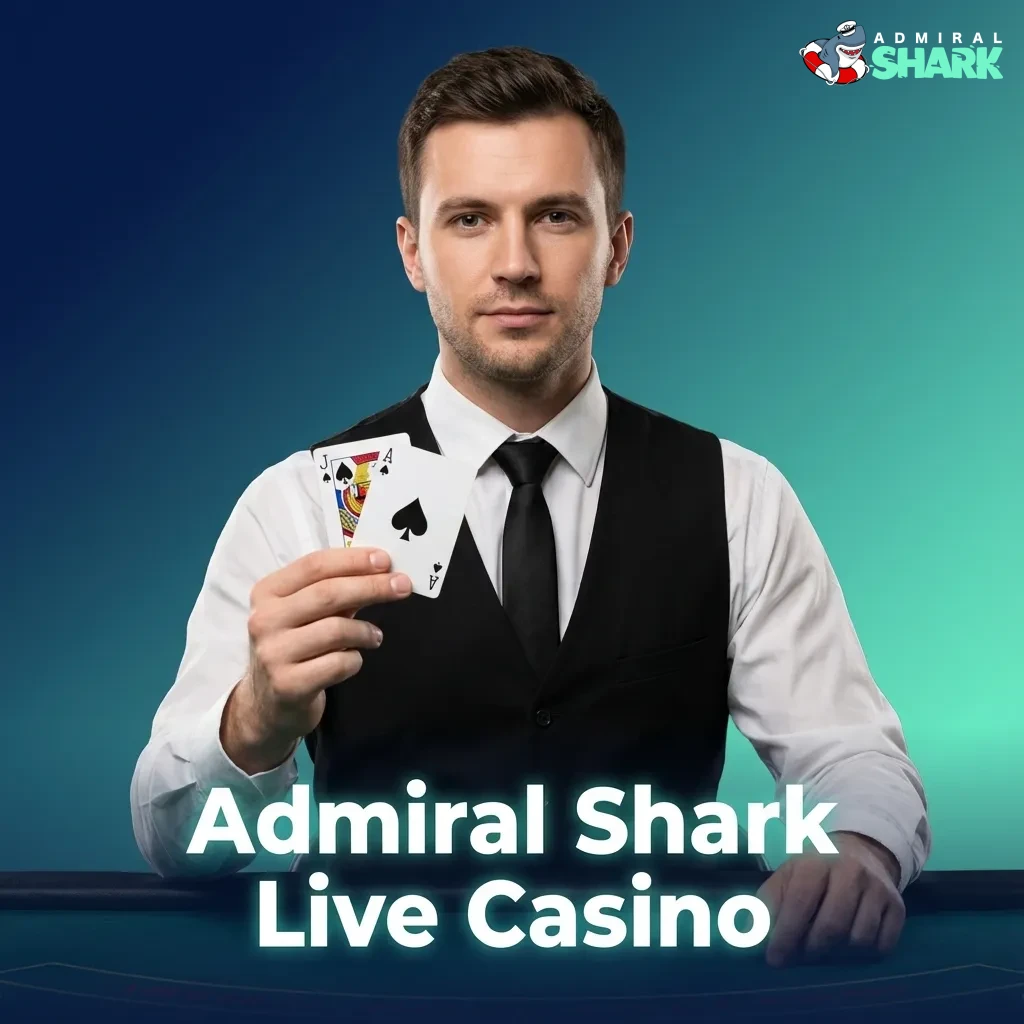 Admiral Shark Live Casino lobby with real dealers hosting roulette, blackjack, baccarat and colorful game shows on screens