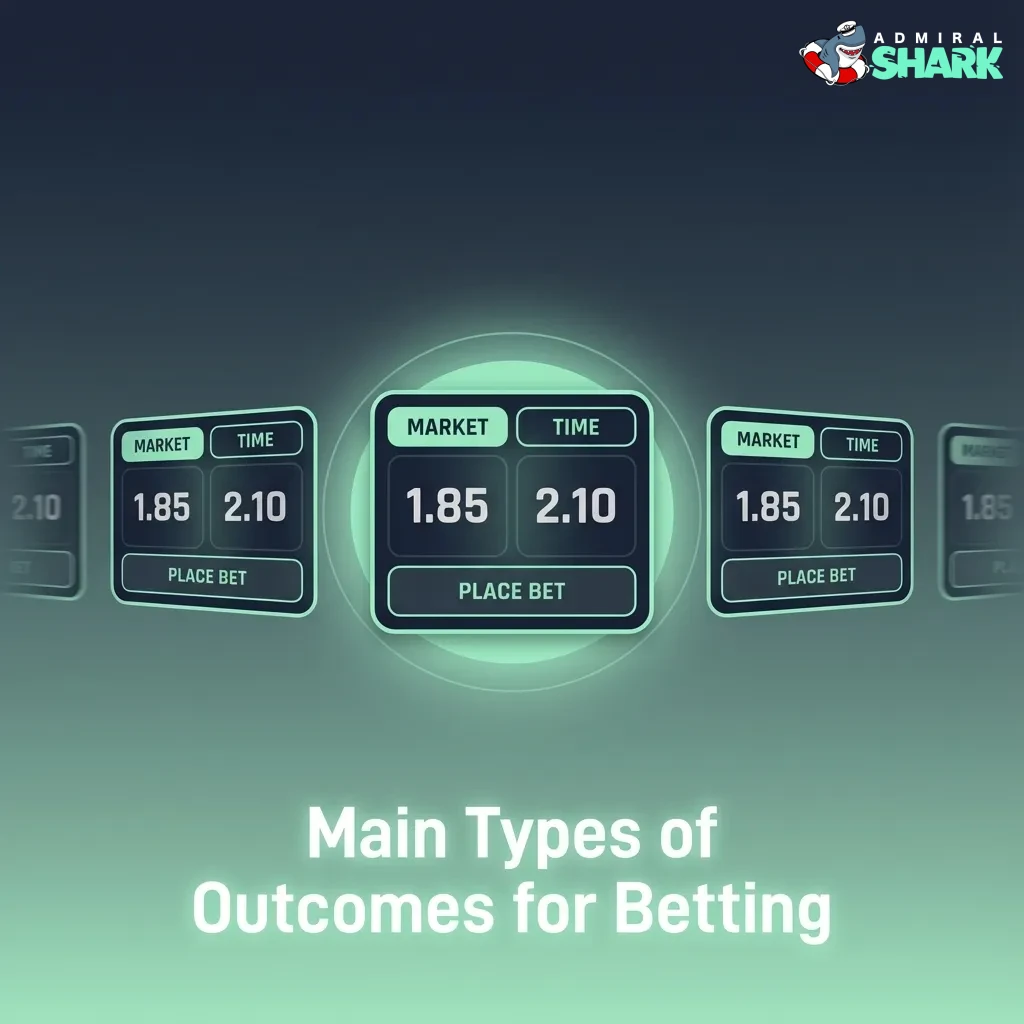 Infographic titled “Main Types of Outcomes for Betting” explaining 1X2, double chance, handicap, totals, and both teams to score.