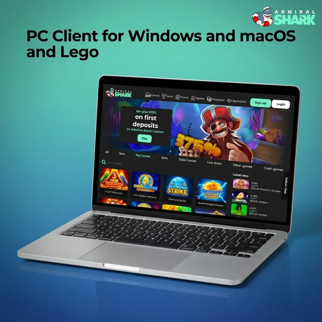Message stating no standalone Admiral Shark PC client, but full casino available via browser on Windows and macOS