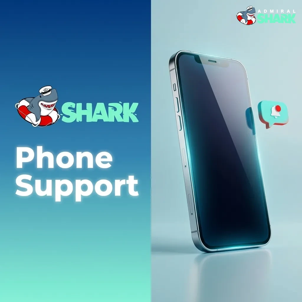 Illustration of a person calling Admiral Shark phone support, with a helpline icon and contact details on a screen