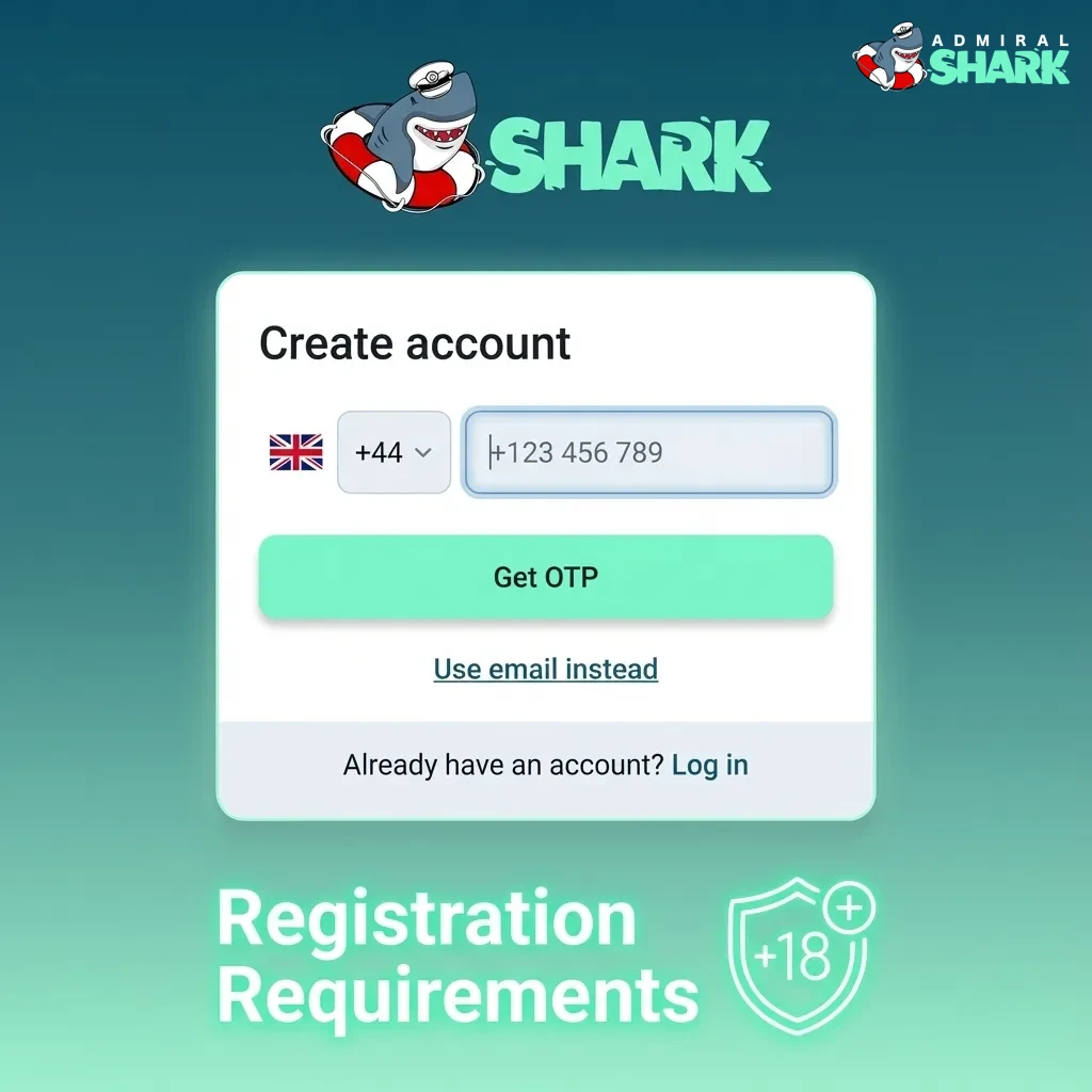 Checklist graphic showing five Admiral Shark registration rules: age 18+, real details, ID documents, one account, legal residency.
