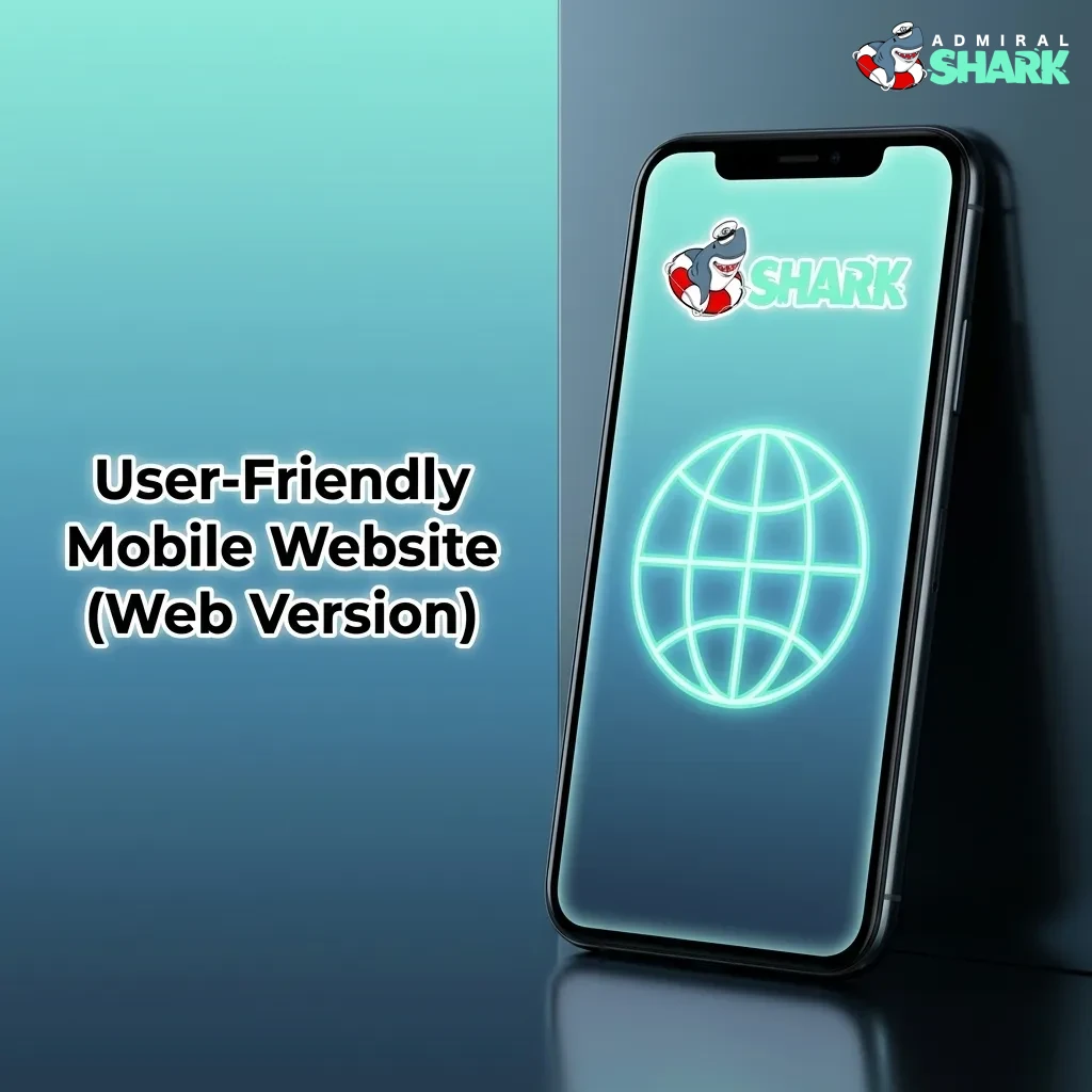 Smartphone showing Admiral Shark mobile casino website with slots, live tables and payment options in a responsive browser layout