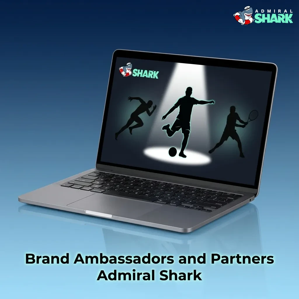 Illustrated brand ambassadors and partners standing with Admiral Shark logo in a promotional banner