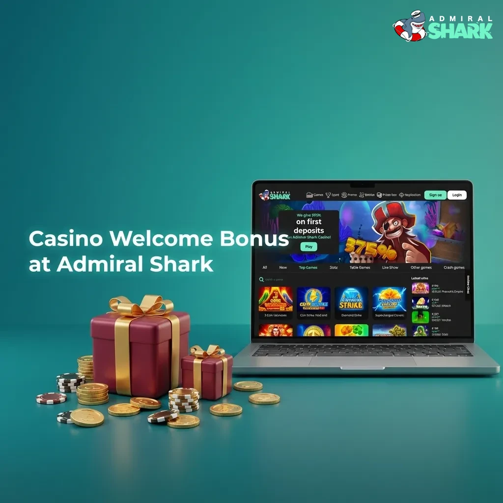 Admiral Shark casino UK welcome bonus tiers with percentages and wagering info on a colorful promotional banner
