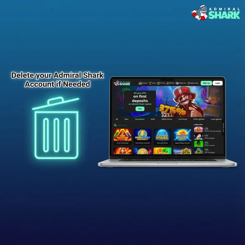 Illustrated guide showing steps to withdraw funds and contact support to permanently delete an Admiral Shark gambling account