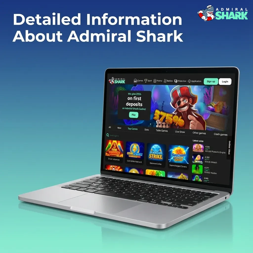 Admiral Shark info page highlighting UK-licensed sports betting, online casino games, apps and security features