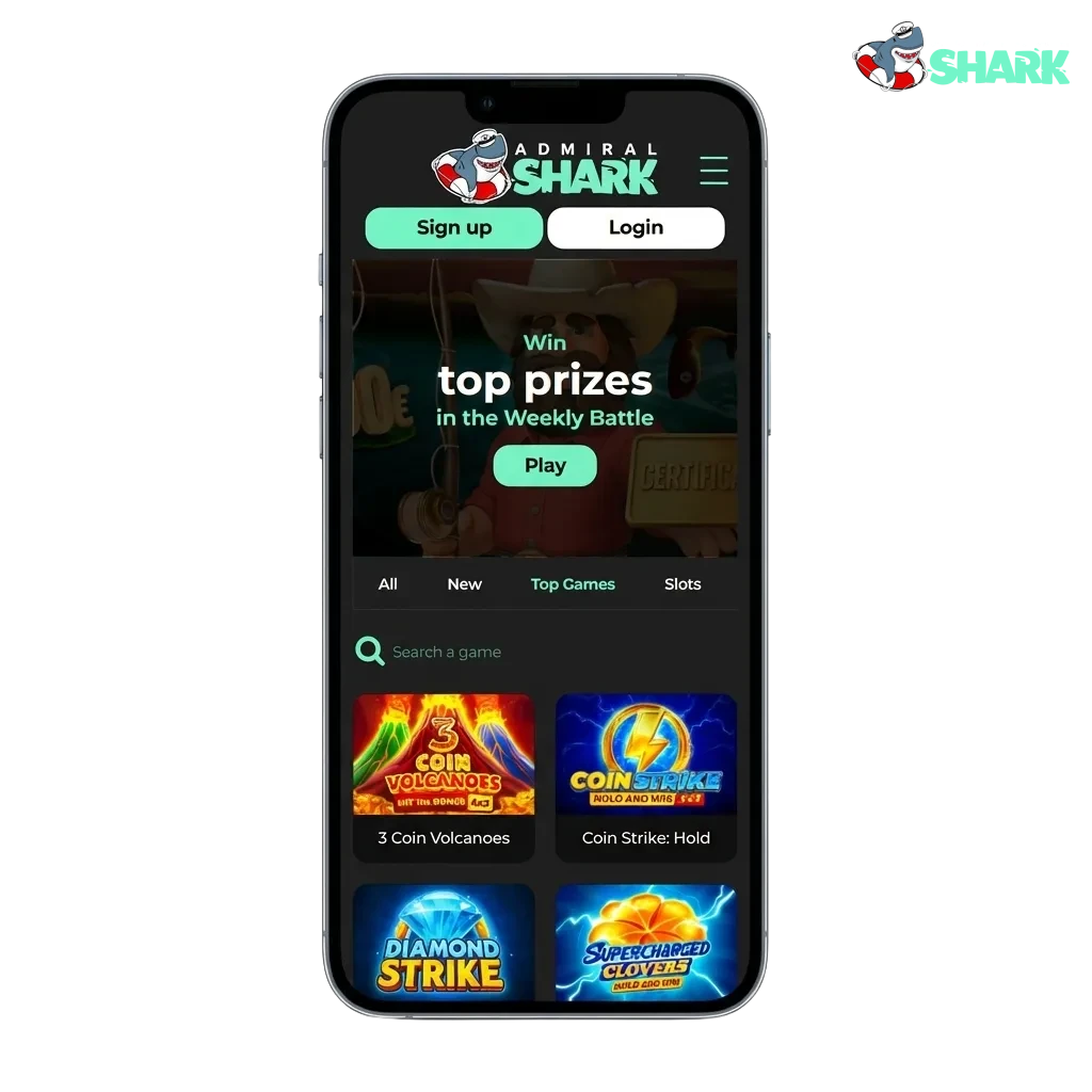 Admiral Shark mobile app promo showing Android and iOS download options, casino games, sports betting, and welcome bonuses