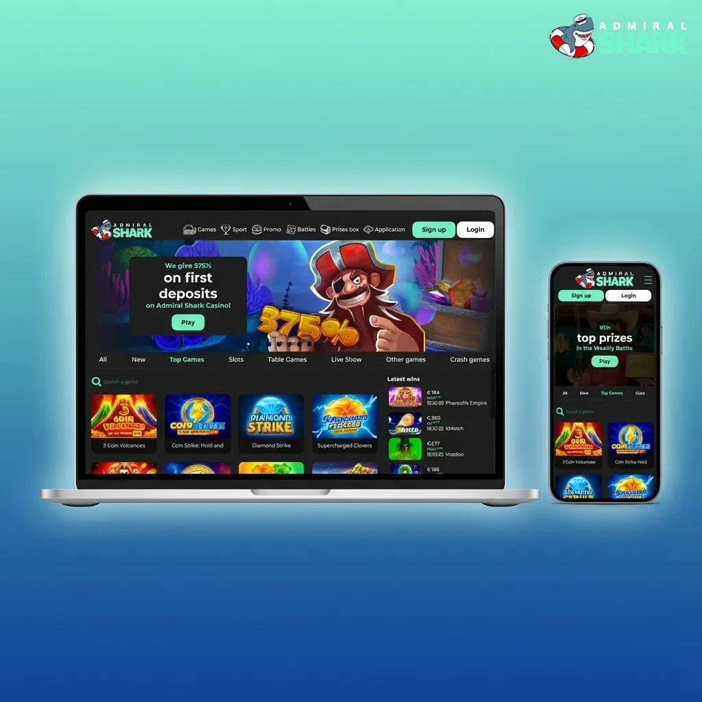 Screenshot of Admiral Shark UK site with top nav tabs and clean layout for sports, casino, and account options
