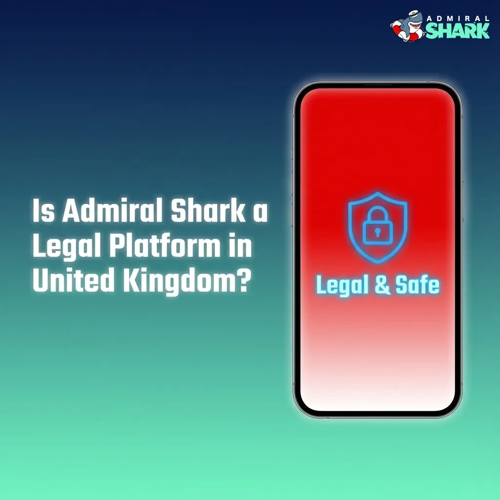 Admiral Shark casino website mockup with UK flag, legal badges and security icons highlighting safe, regulated online betting
