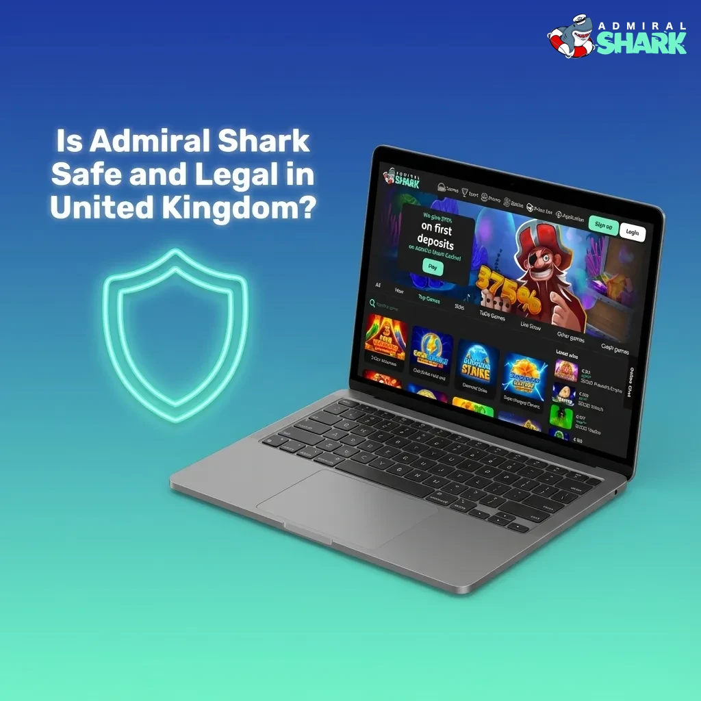 Graphic asking if Admiral Shark is safe and legal for UK players, highlighting licensing, encryption, and responsible gaming tools