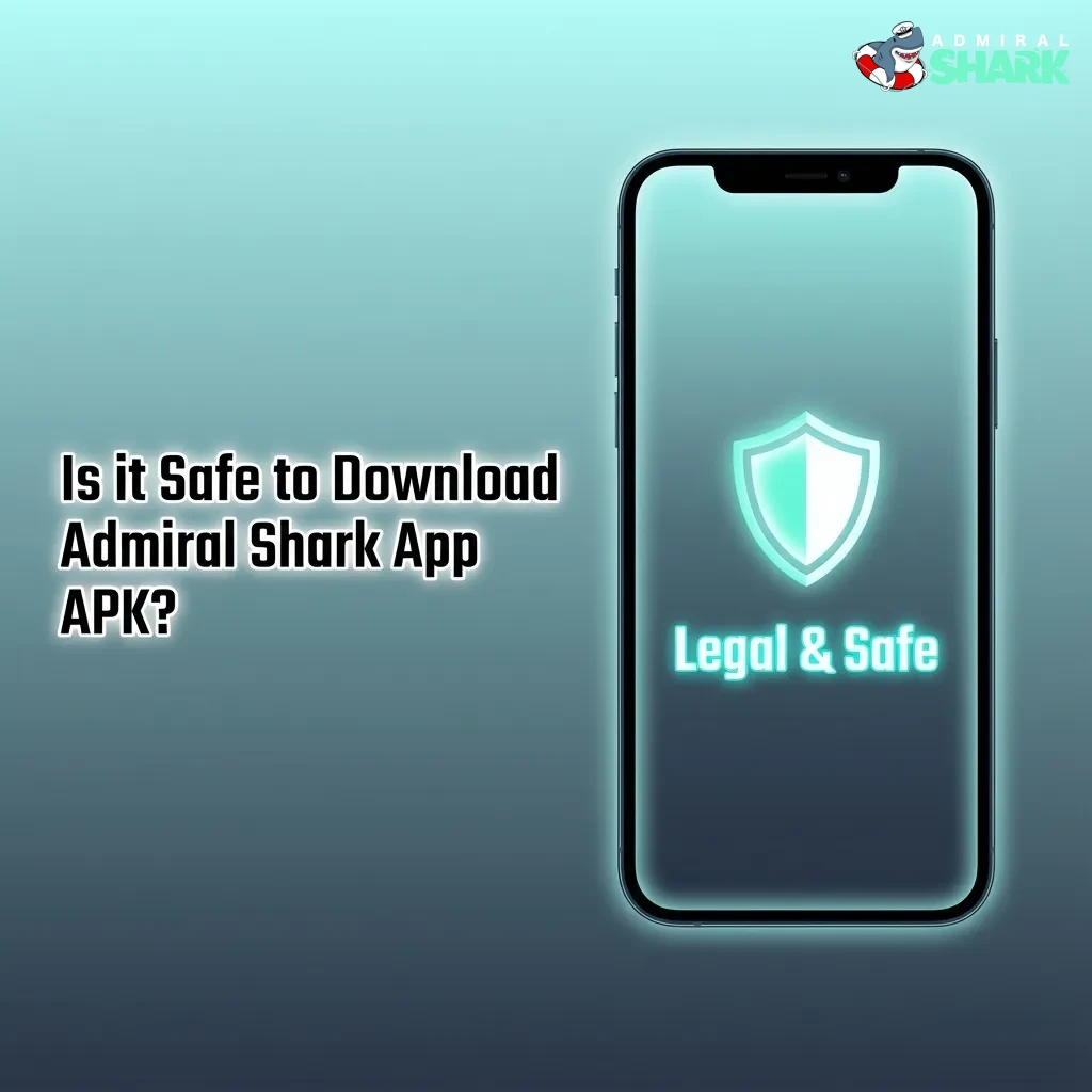 Phone showing Admiral Shark app download page with security icons, Curacao licence badge and SSL padlock indicating safe APK