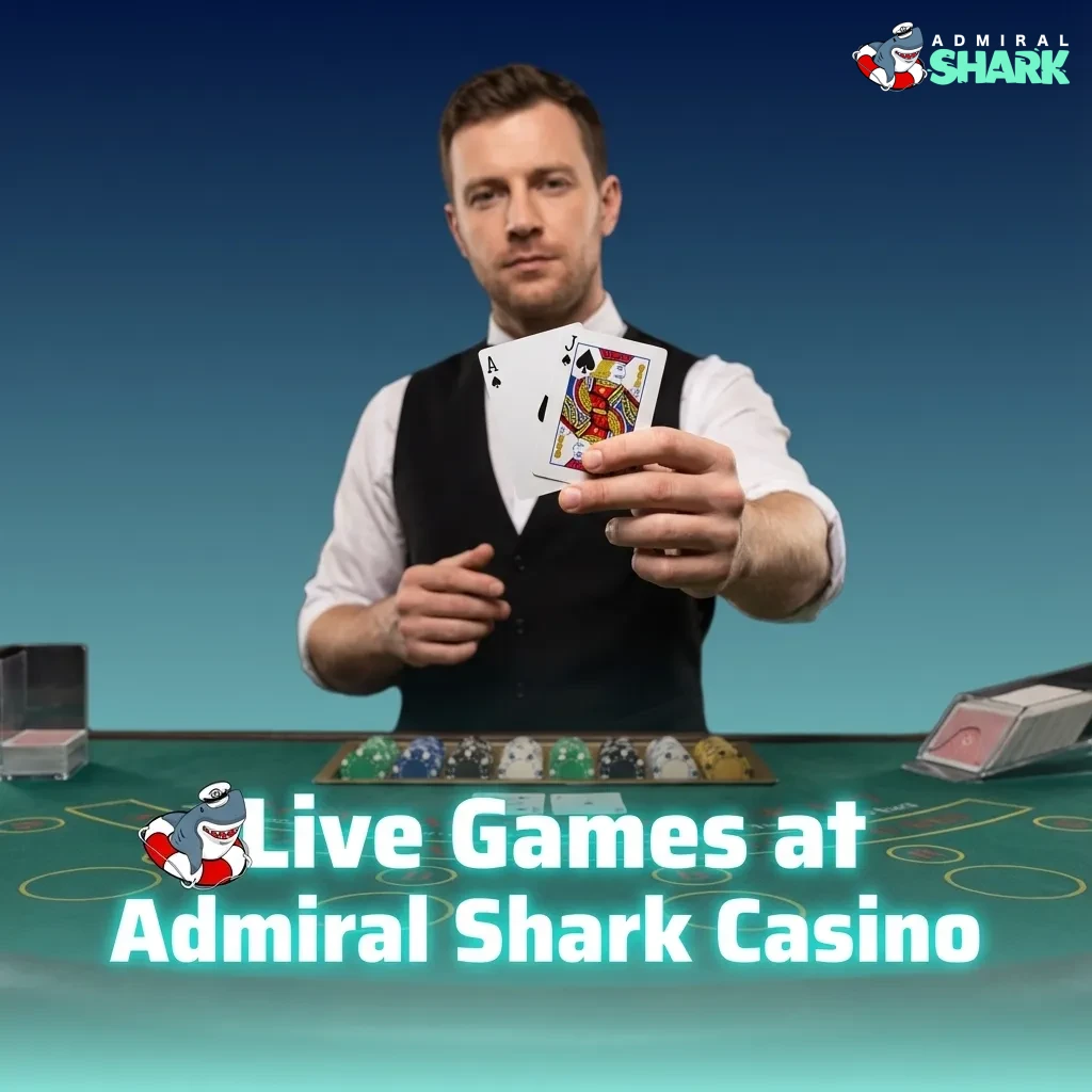 Collage of live casino tables at Admiral Shark, showing roulette, blackjack, baccarat, poker and TV game show studios.
