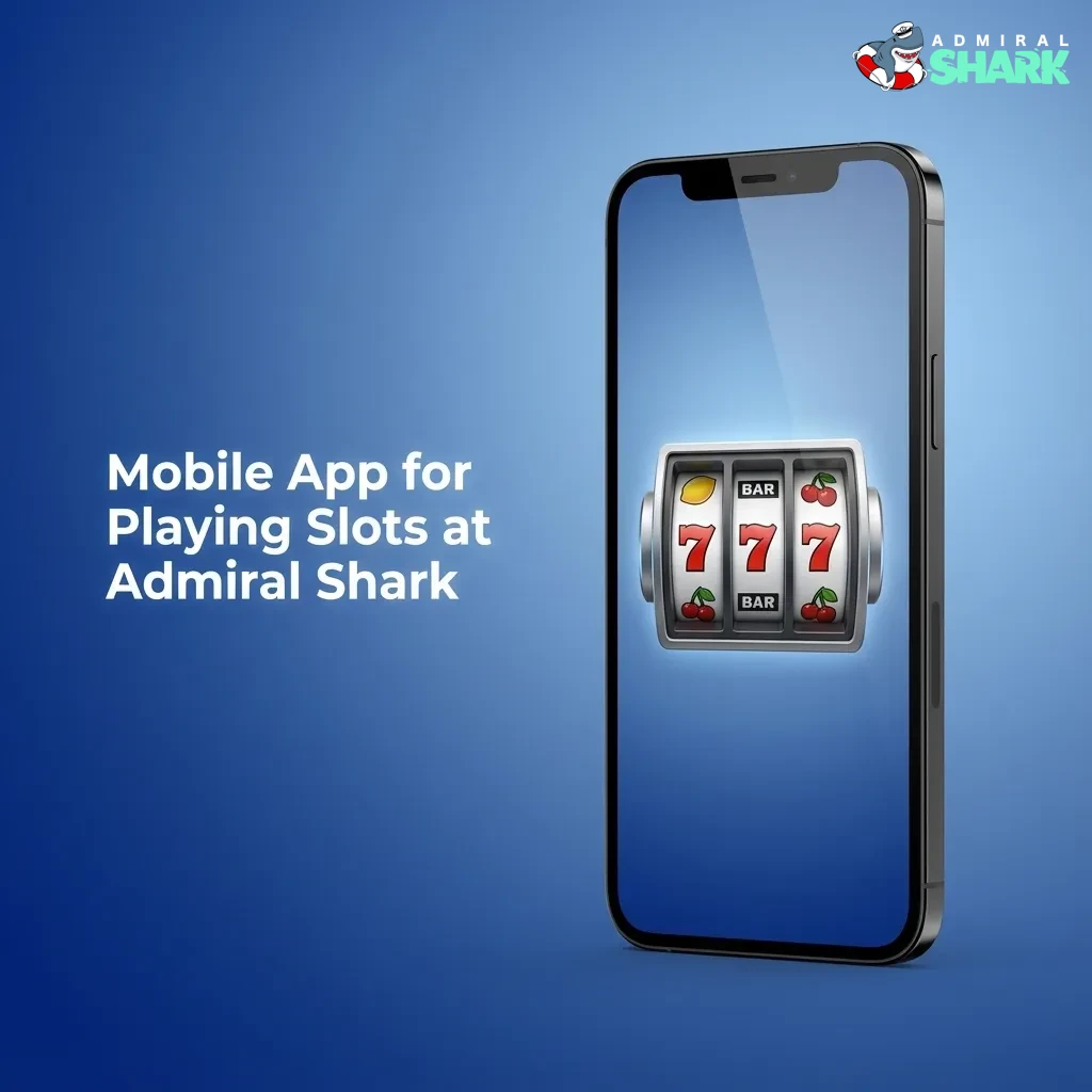 Smartphone screen showing Admiral Shark slots app with clean interface, bottom menu, and spin button ready to play
