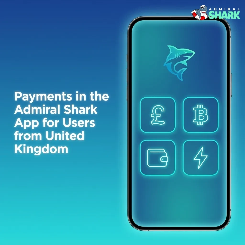 Smartphone showing Admiral Shark app payment methods for UK users: Visa, Mastercard, USDT and crypto options.