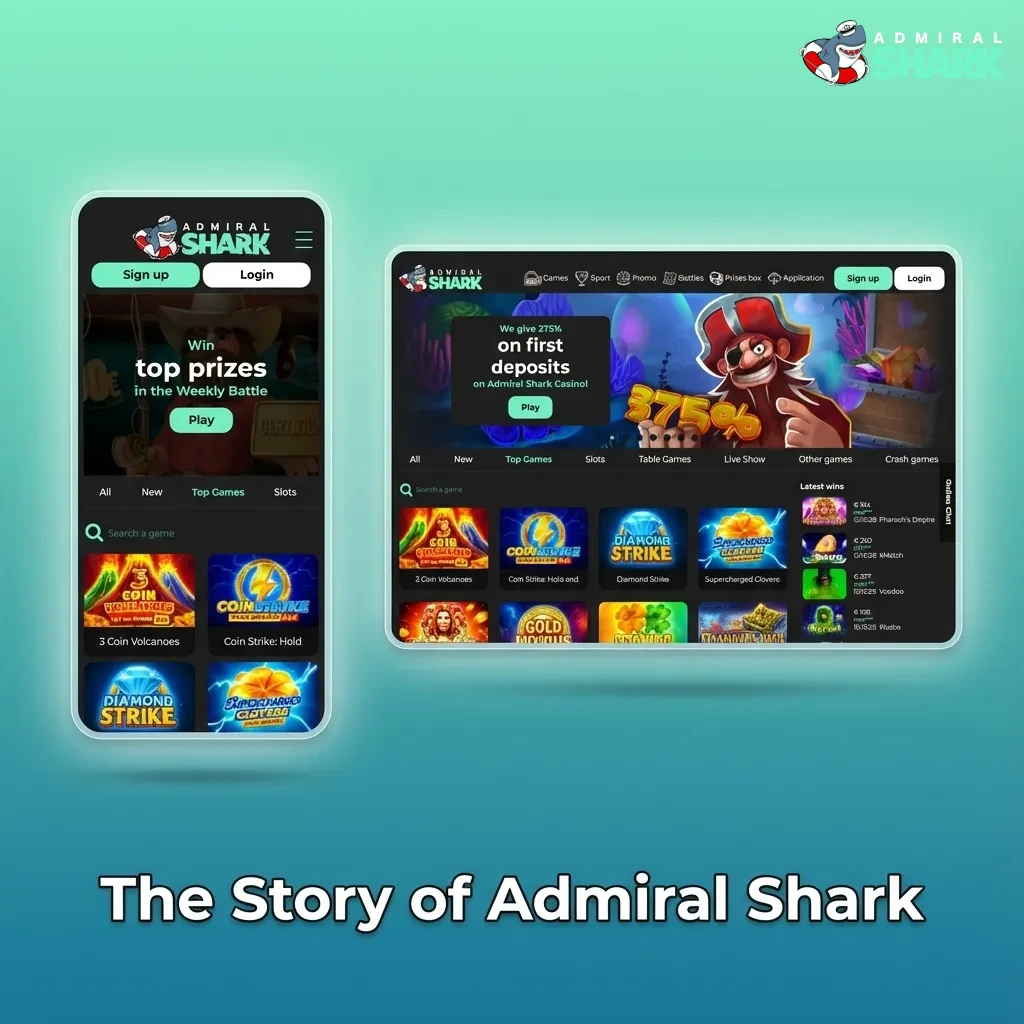 Illustrated Admiral Shark logo with sports betting icons, casino games, and text about history, licensing, and responsible gambling