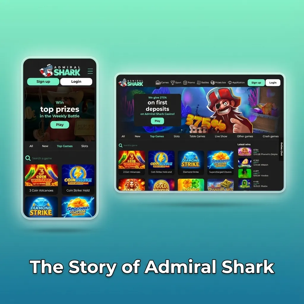 Illustrated Admiral Shark logo with sports betting icons, casino games, and text about history, licensing, and responsible gambling