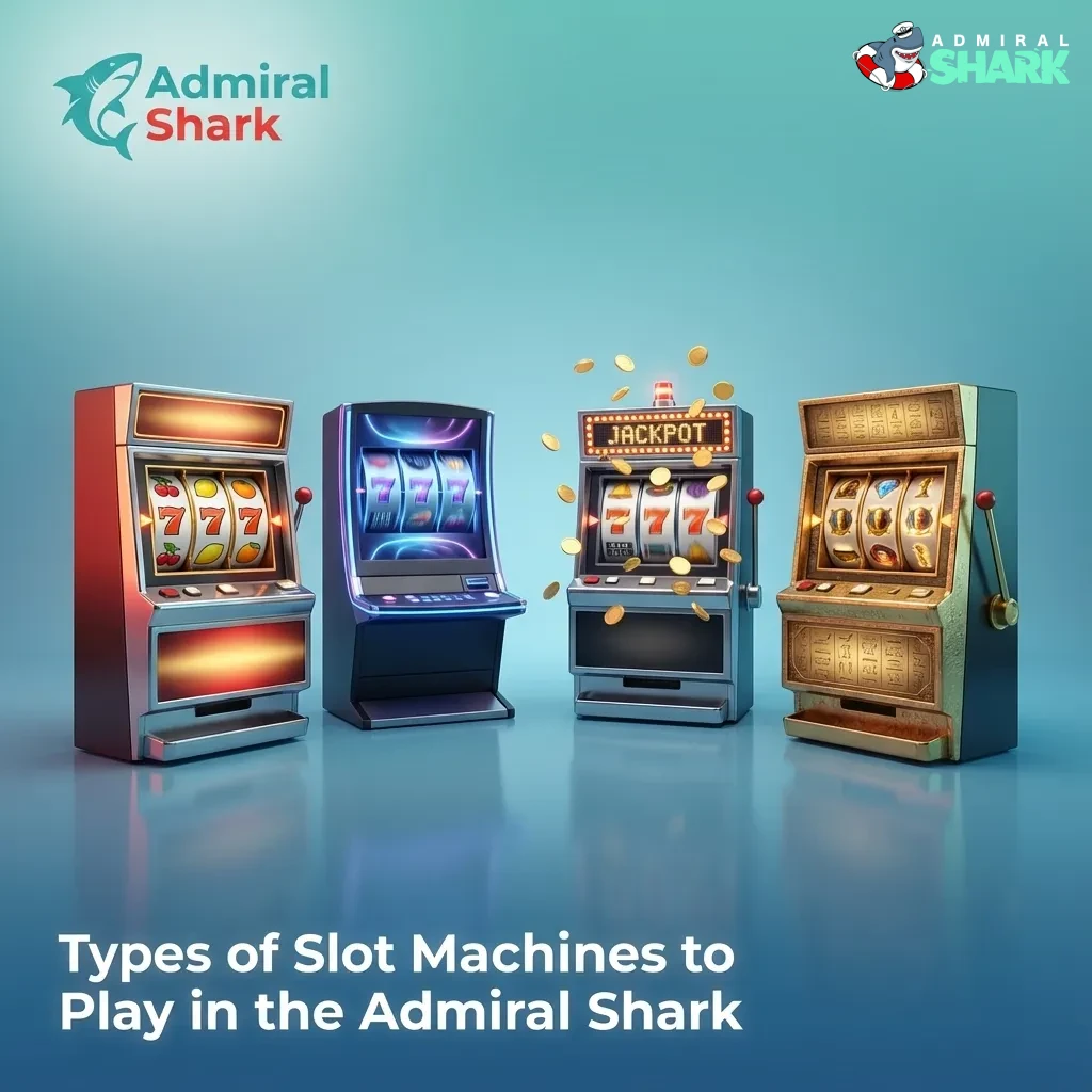 Colorful Admiral Shark casino lobby screen showing icons for classic, video, Megaways, jackpot and hold and win slots