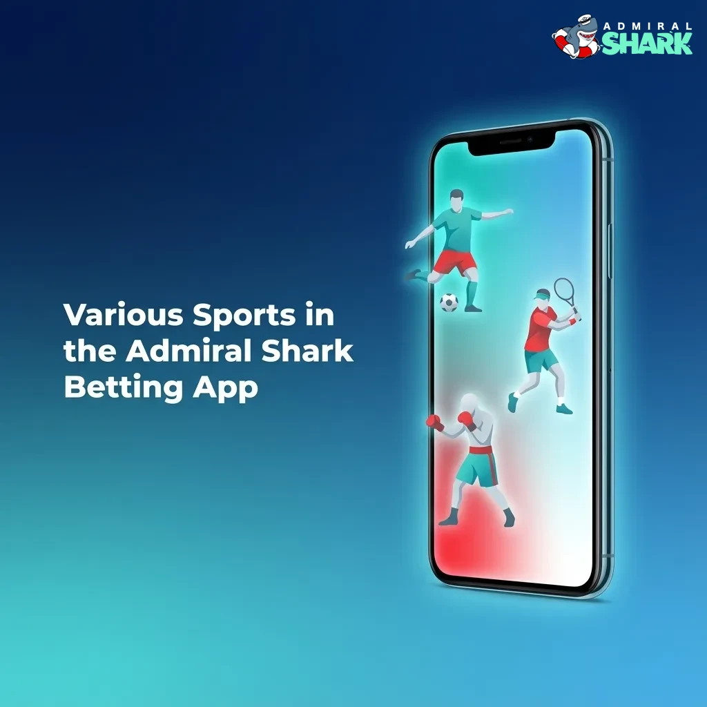 Admiral Shark betting app screen showing odds and icons for football, tennis, basketball, racing, ice hockey and eSports