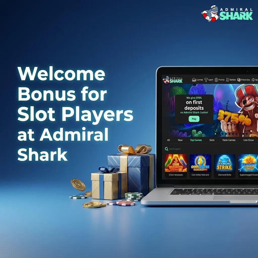 Admiral Shark casino welcome bonus banner highlighting tiered slot deposit offers and rewards for new and regular players