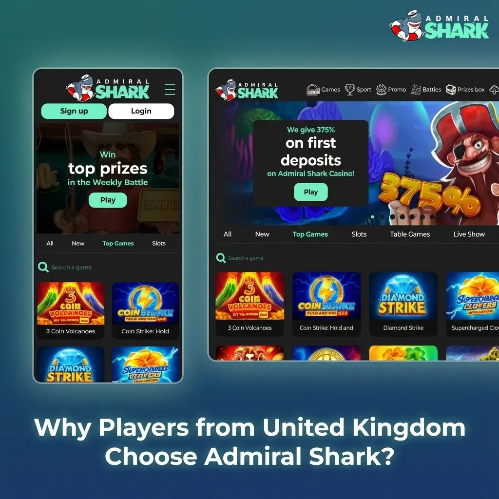 Graphic titled “Why UK Players Choose Admiral Shark” with icons for GBP payments, game variety, mobile, bonuses, support, and security