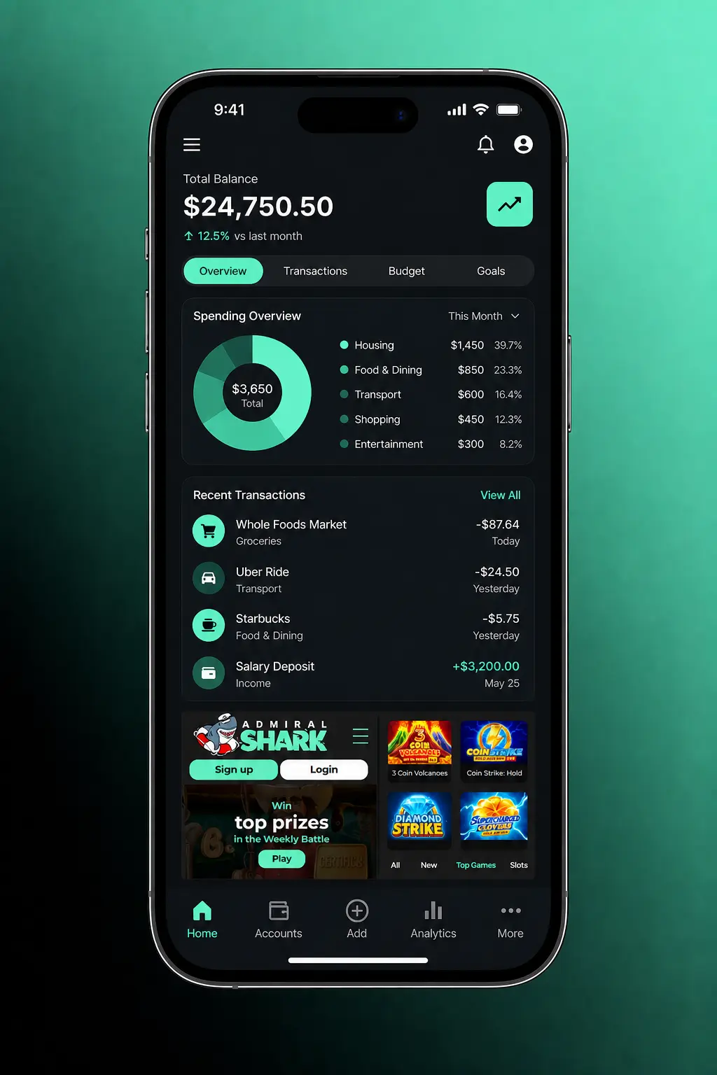 Admiral Shark Casino KYC account verification process showing five steps to submit identity and address documents
