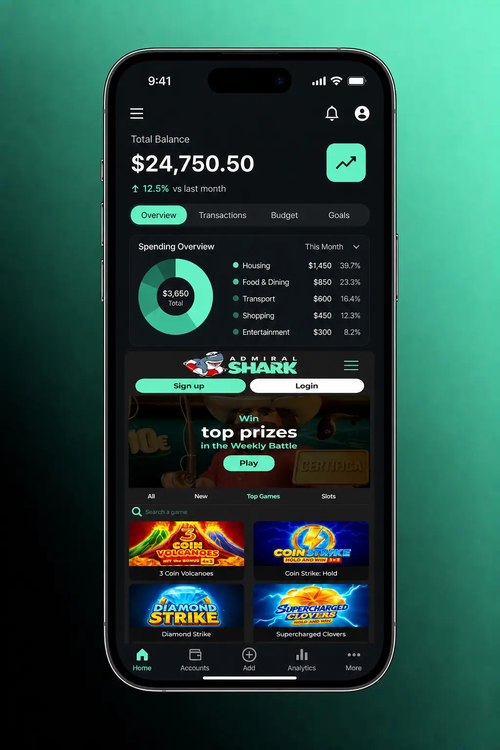 Admiral Shark Casino KYC account verification process showing five steps to submit identity and address documents