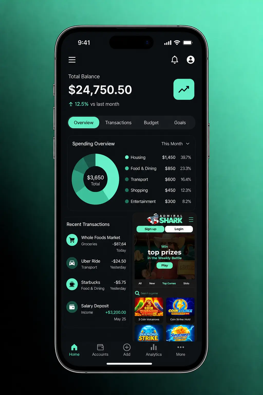 Admiral Shark Casino KYC account verification process showing five steps to submit ID and address documents