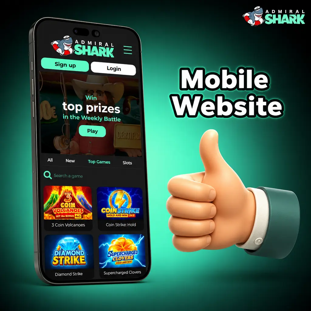 Admiral Shark Casino mobile website interface showing full browser-based access on Android and iOS devices