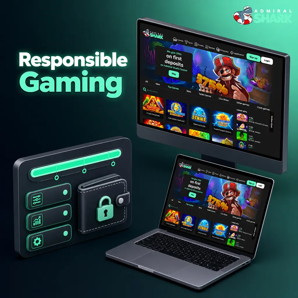 Admiral Shark Casino responsible gaming tools including deposit limits, self-exclusion, and GamCare support for UK players