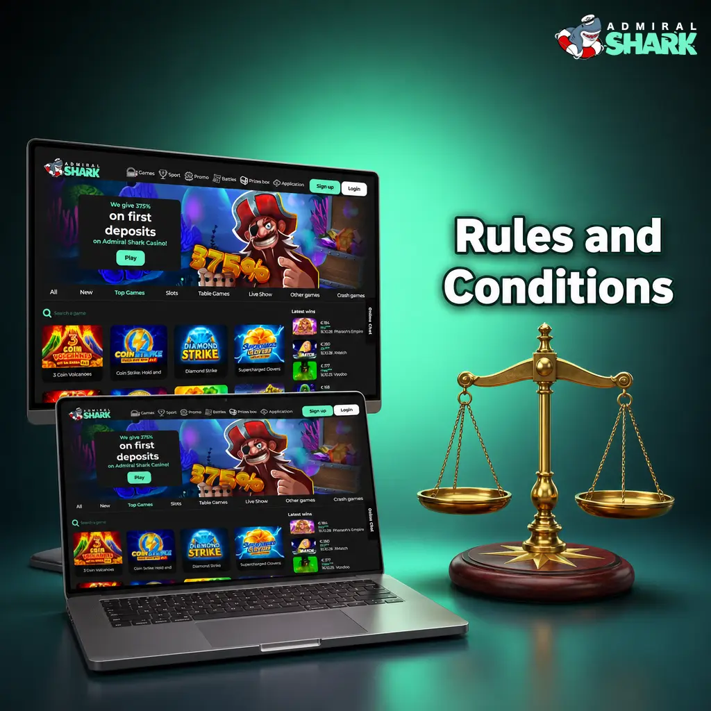 Admiral Shark Casino rules and conditions covering age requirements, account policies, bonus wagering, KYC, and responsible gaming for UK players