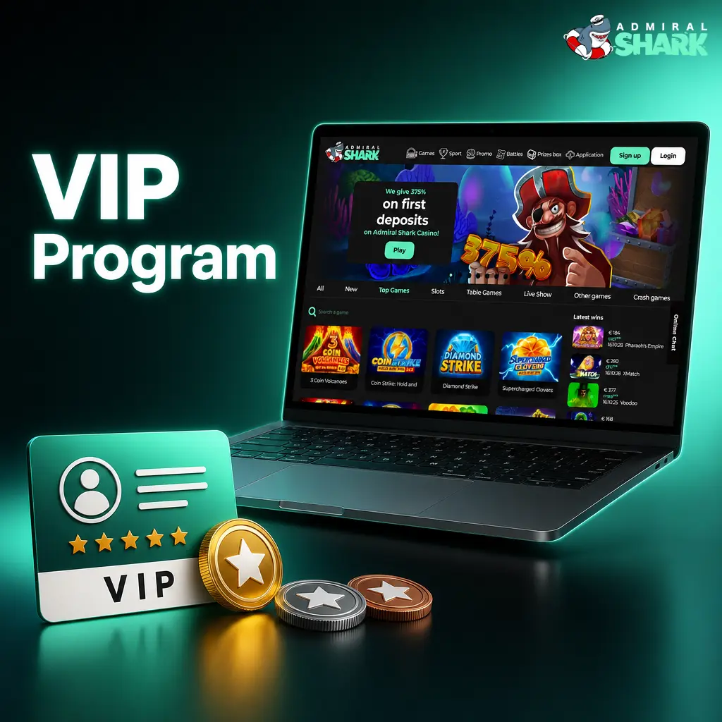 Admiral Shark Casino VIP programme tier chart showing Bronze to Diamond loyalty levels with perks and cashback rewards