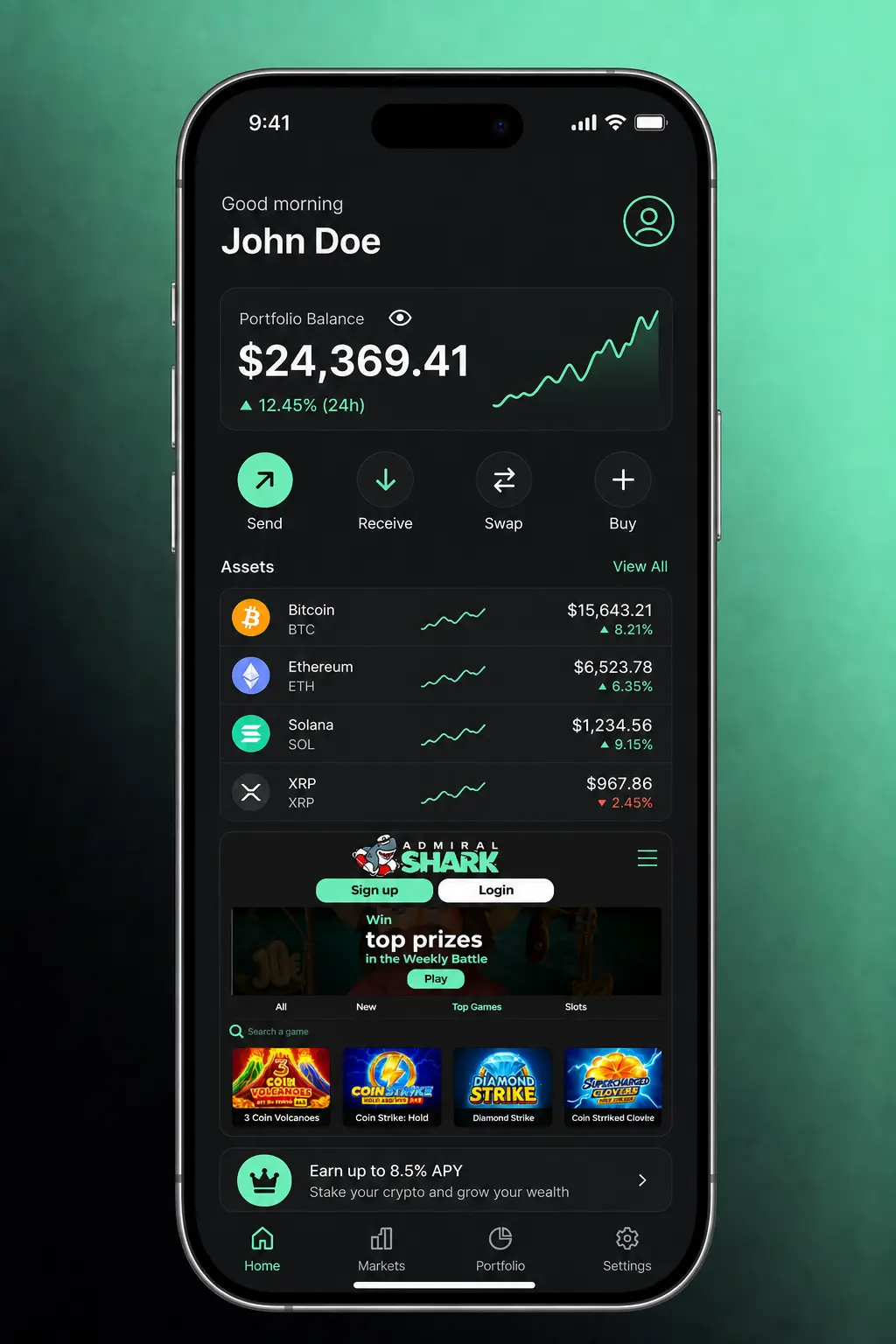 Admiral Shark Casino mobile app login screen on iOS and Android with email, password, and biometric sign-in options