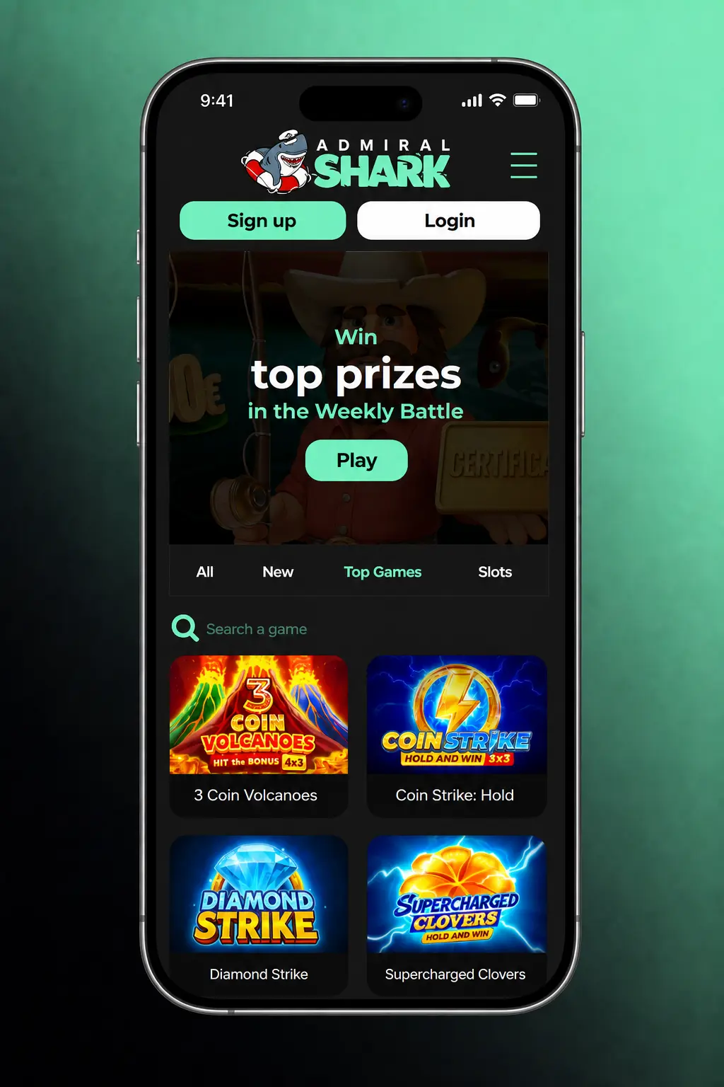 Admiral Shark Casino mobile app login screen on iOS and Android with email, password, and biometric sign-in options
