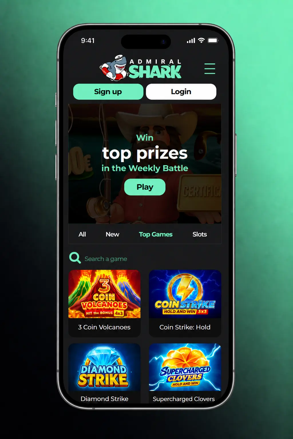 Admiral Shark Casino mobile app login screen on iOS and Android with email, password, and biometric sign-in options