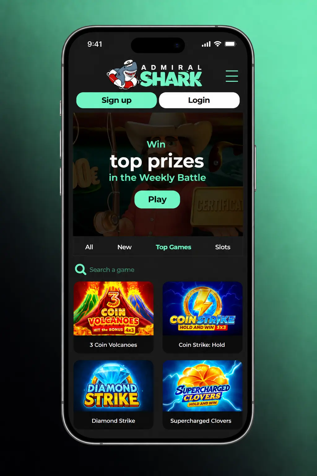 Admiral Shark Casino mobile app login screen on iOS and Android with email, password, and biometric sign-in options