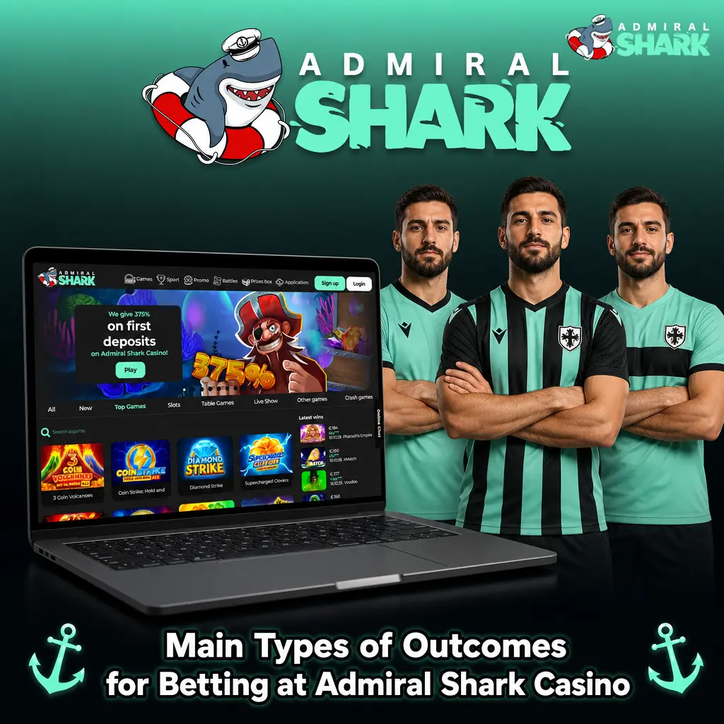 Admiral Shark Casino sportsbook betting outcome types including 1X2, Double Chance, Over/Under, Handicap, and BTTS markets