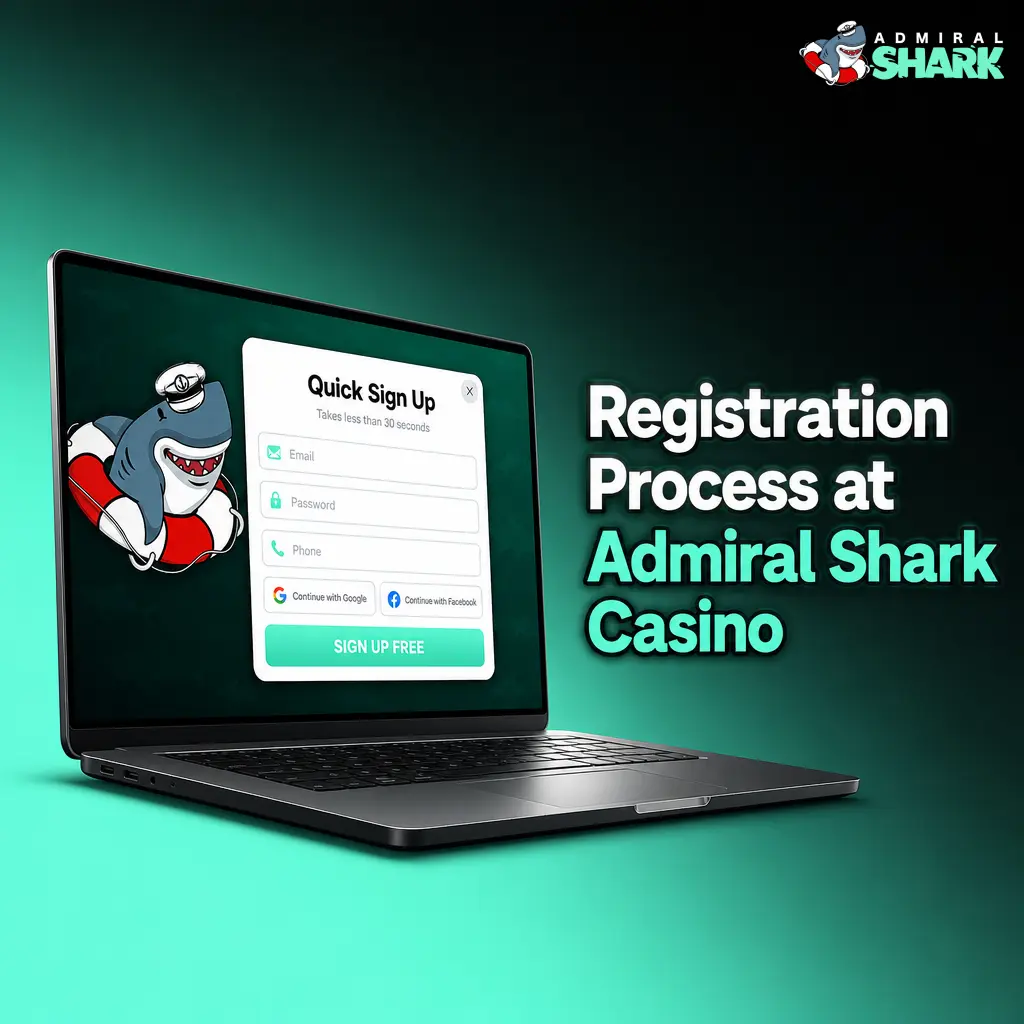 Step-by-step Admiral Shark Casino registration process including sign-up form, account verification, and welcome bonus claim